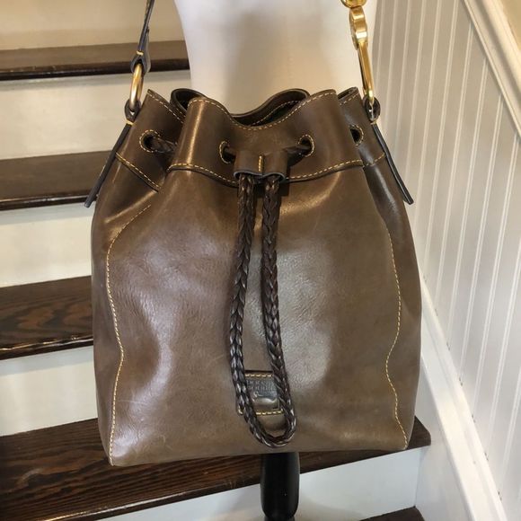 Vintage DOONEY BOURKE Grey Brown Leather Drawstring Bucket Feeder Shoulder Bag - Picture 1 of 16